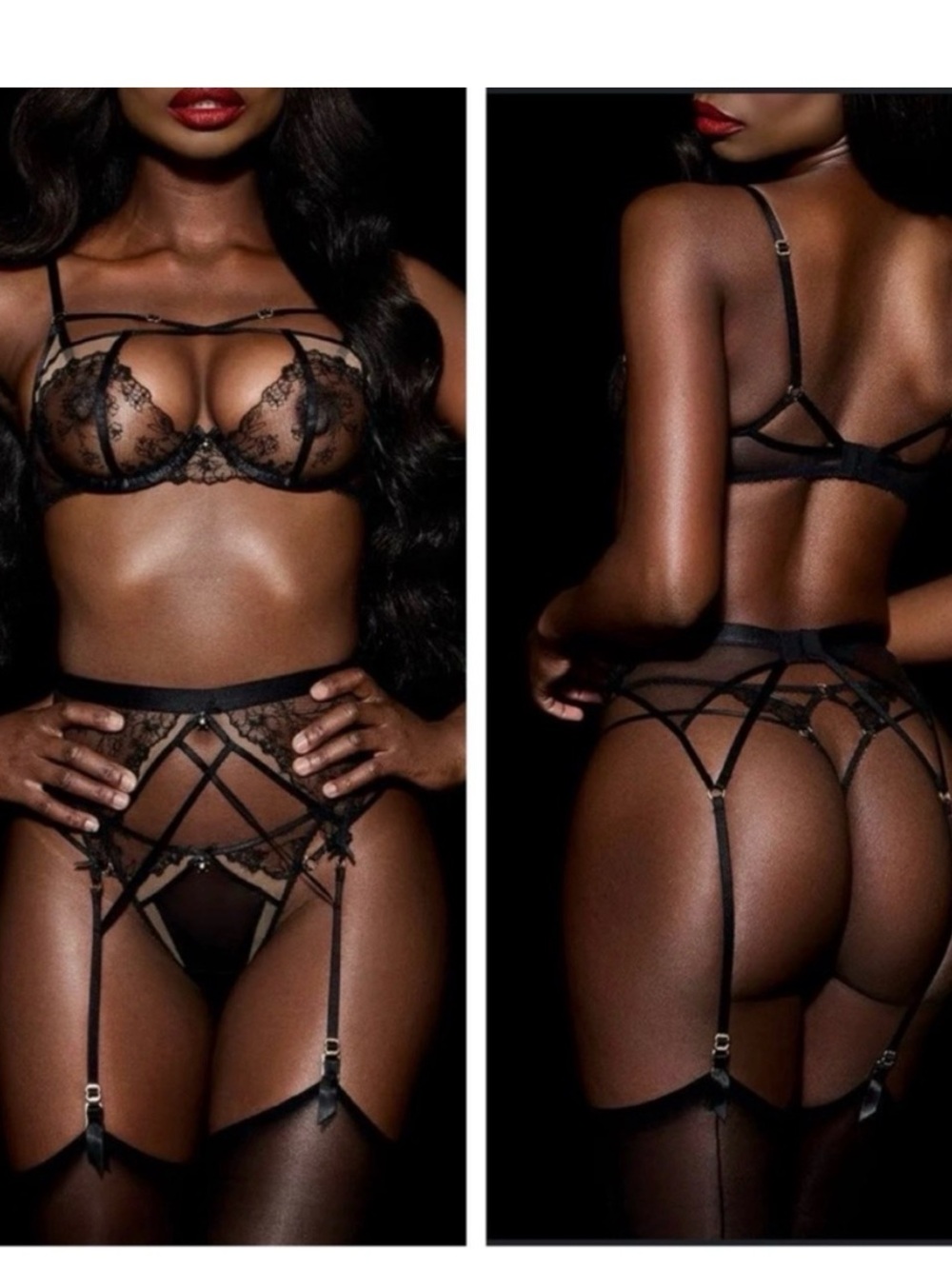 Honey Birdette Emma set Sheer Lace Underwire Bra & Thong Set - Black